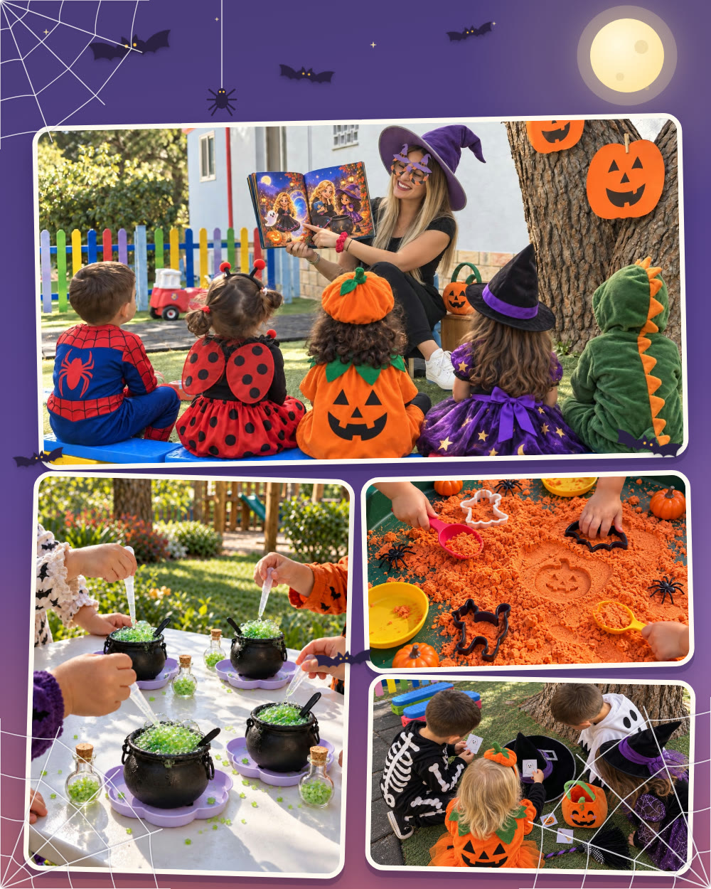 A collage of Halloween adventures: Miss Kelly reading a story to children in costumes, bubbling cauldrons, orange play sand and a picture card game