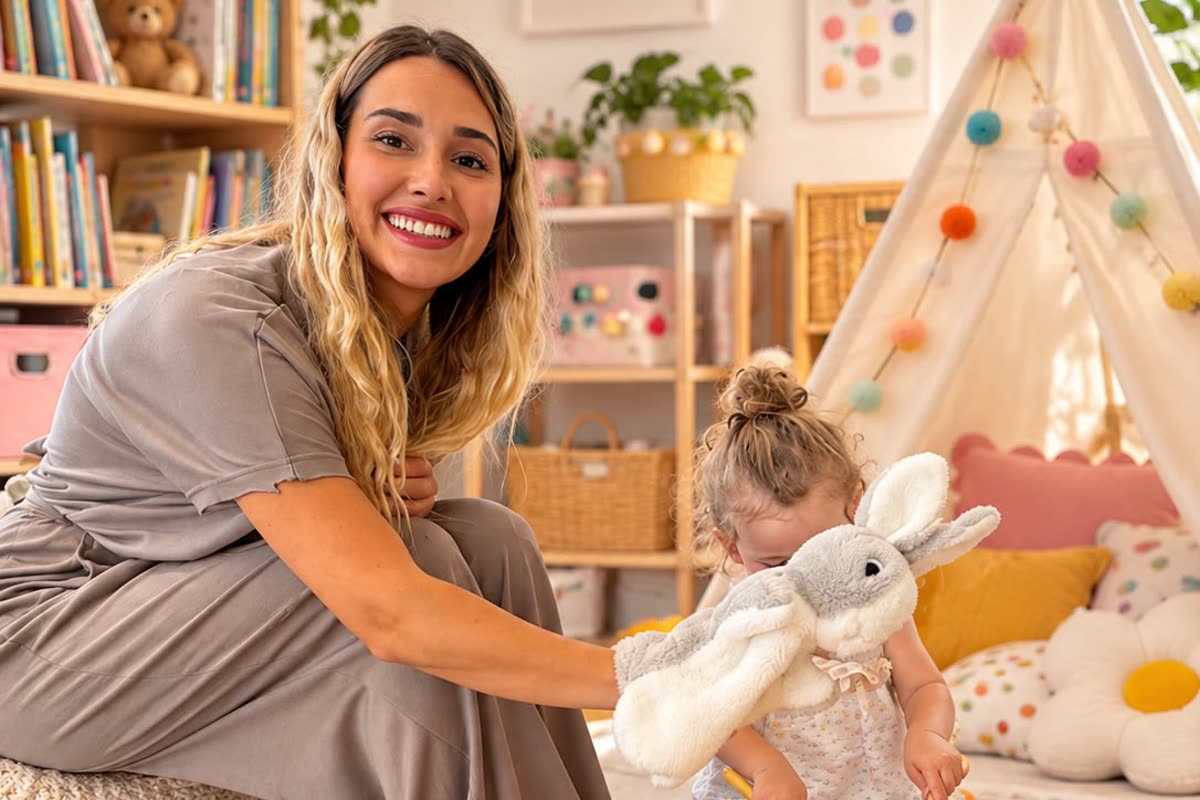 Miss Kelly playing with a toddler and a bunny puppet in a cosy playroom